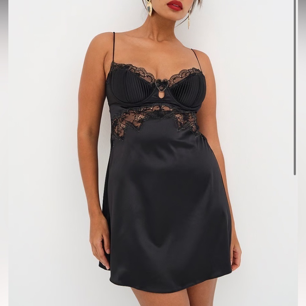 New! For love and lemons Brie slip dress black satin hearts mini 4444
